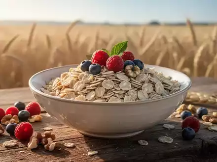 Eine Schale gekochter Emmerflocken mit Beeren und Nüssen auf einem Holztisch, im Hintergrund ein Kornfeld. - Foto: über boerse-global.de