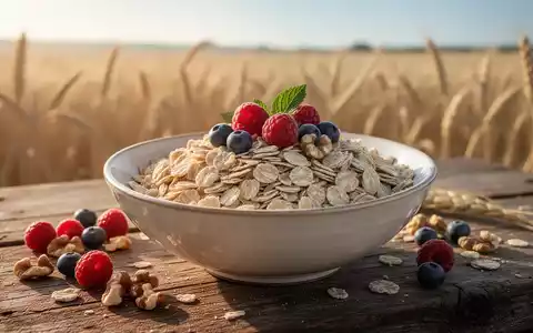 Eine Schale gekochter Emmerflocken mit Beeren und Nüssen auf einem Holztisch, im Hintergrund ein Kornfeld. - Foto: über boerse-global.de