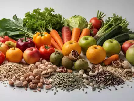 Eine vielfältige Anordnung von frischen pflanzlichen Lebensmitteln wie Gemüse, Obst, Getreide, Nüssen und Samen. - Foto: über boerse-global.de