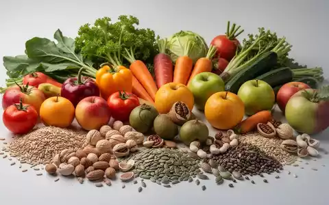 Eine vielfältige Anordnung von frischen pflanzlichen Lebensmitteln wie Gemüse, Obst, Getreide, Nüssen und Samen. - Foto: über boerse-global.de