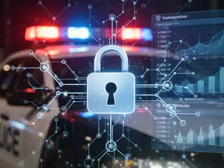 Digitales Vorhängeschloss-Symbol über einem Blockchain-Netzwerk, mit Polizeilichtern und Datenschnittstelle im Hintergrund, symbolisiert Krypto-Betrugsprävention. - Foto: über boerse-global.de