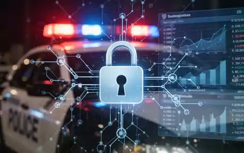 Digitales Vorhängeschloss-Symbol über einem Blockchain-Netzwerk, mit Polizeilichtern und Datenschnittstelle im Hintergrund, symbolisiert Krypto-Betrugsprävention. - Foto: über boerse-global.de