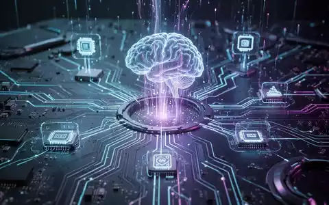 Stilisierte Leiterplatte mit leuchtenden Datenströmen, die auf ein zentrales KI-Gehirn-Symbol zulaufen, für Systemoptimierung und Diagnostik. - Foto: über boerse-global.de
