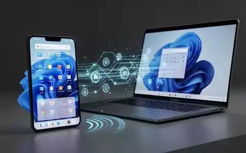 Ein Smartphone-Bildschirm zeigt einen Windows 11-Desktop, kabellos mit einem Laptop verbunden, digitale Linien symbolisieren Datenübertragung. - Foto: über boerse-global.de