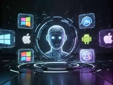 Stilisierte KI-Assistenten-Ikone umgeben von holografischen Betriebssystem-Logos, die tiefe Systemintegration und Multi-Geräte-Unterstützung darstellen. - Foto: über boerse-global.de