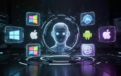Stilisierte KI-Assistenten-Ikone umgeben von holografischen Betriebssystem-Logos, die tiefe Systemintegration und Multi-Geräte-Unterstützung darstellen. - Foto: über boerse-global.de