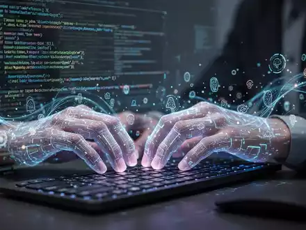 Entwicklerhände tippen auf Tastatur, futuristisches UI schwebt darüber, umgeben von Code und KI-Symbolen. - Foto: über boerse-global.de