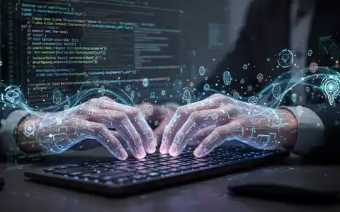 Entwicklerhände tippen auf Tastatur, futuristisches UI schwebt darüber, umgeben von Code und KI-Symbolen. - Foto: über boerse-global.de