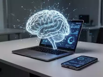Ein leuchtendes KI-Gehirnsymbol über einem modernen Schreibtisch mit Laptop und Smartphone, das die KI-Integration in der Büroarbeit zeigt. - Foto: über boerse-global.de