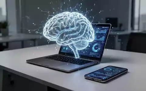 Ein leuchtendes KI-Gehirnsymbol über einem modernen Schreibtisch mit Laptop und Smartphone, das die KI-Integration in der Büroarbeit zeigt. - Foto: über boerse-global.de