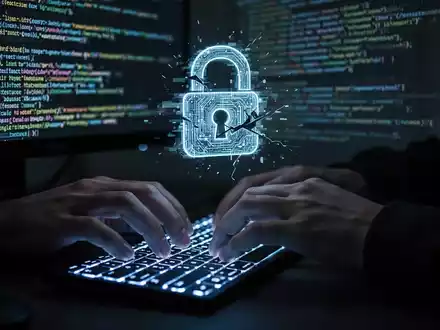 Hackerhände tippen auf leuchtender Tastatur mit Code-Reflexionen, darüber schwebendes, abstraktes, glitchartiges digitales Schloss-Symbol. - Foto: über boerse-global.de