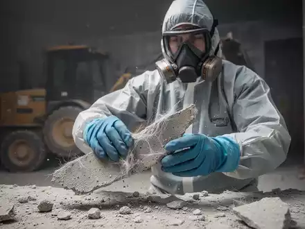 Ein Arbeiter in einem Schutzanzug, Atemmaske und Handschuhen untersucht vorsichtig ein Stück Bauschutt, das Asbestfasern enthält. - Foto: über boerse-global.de