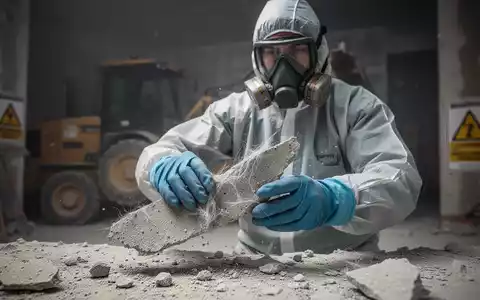 Ein Arbeiter in einem Schutzanzug, Atemmaske und Handschuhen untersucht vorsichtig ein Stück Bauschutt, das Asbestfasern enthält. - Foto: über boerse-global.de