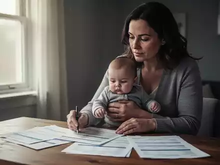 Eine nachdenkliche Mutter hält ihr Baby und blickt auf Dokumente, die auf einem Tisch liegen, was finanzielle Planung und Familienwohl symbolisiert. - Foto: über boerse-global.de