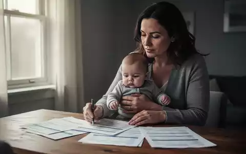 Eine nachdenkliche Mutter hält ihr Baby und blickt auf Dokumente, die auf einem Tisch liegen, was finanzielle Planung und Familienwohl symbolisiert. - Foto: über boerse-global.de
