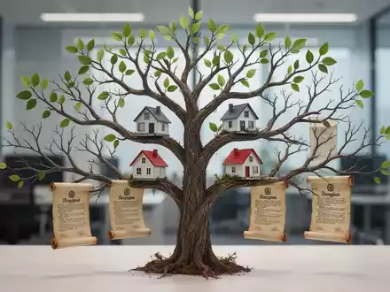 Eine stilisierte Darstellung eines Stammbaums mit Ästen, Häusern und Schriftrollen, die rechtliche und familiäre Komplexität symbolisieren. - Foto: über boerse-global.de
