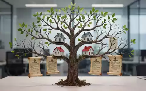 Eine stilisierte Darstellung eines Stammbaums mit Ästen, Häusern und Schriftrollen, die rechtliche und familiäre Komplexität symbolisieren. - Foto: über boerse-global.de
