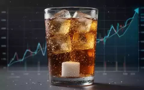 Ein Glas mit einem kohlensäurehaltigen zuckerhaltigen Getränk, Eiswürfeln und einem sich auflösenden Zuckerwürfel, im Hintergrund eine angedeutete Finanzgrafik. - Foto: über boerse-global.de