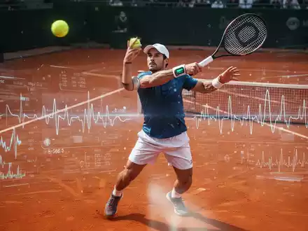 Ein Tennisspieler in Aktion auf einem Sandplatz, im Hintergrund ein subtiles Overlay von medizinischen Daten, die einen CGM-Sensor darstellen. - Foto: über boerse-global.de