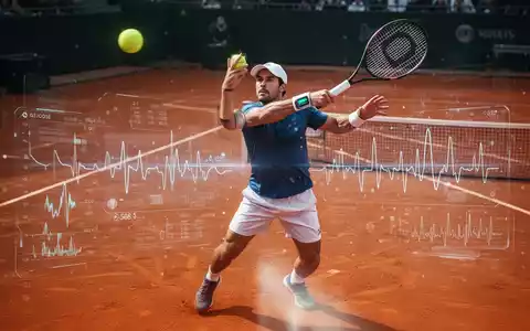 Ein Tennisspieler in Aktion auf einem Sandplatz, im Hintergrund ein subtiles Overlay von medizinischen Daten, die einen CGM-Sensor darstellen. - Foto: über boerse-global.de