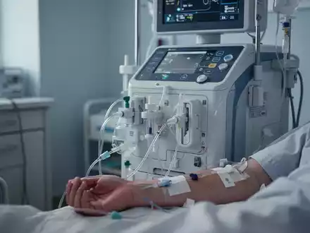Nahaufnahme einer Dialysemaschine mit Schläuchen, die mit dem Arm eines Patienten verbunden sind, in einem Krankenhauszimmer. - Foto: über boerse-global.de
