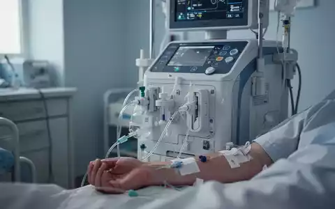 Nahaufnahme einer Dialysemaschine mit Schläuchen, die mit dem Arm eines Patienten verbunden sind, in einem Krankenhauszimmer. - Foto: über boerse-global.de