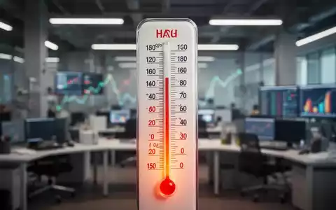 Ein Thermometer zeigt eine hohe Temperatur an, mit einem unscharfen Büro- oder Industriezusammenhang im Hintergrund, das Hitzestress symbolisiert. - Foto: über boerse-global.de