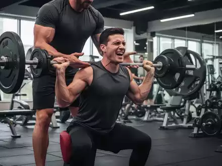 Ein Personal Trainer unterstützt einen Klienten bei einer Kniebeuge in einem modernen Fitnessstudio, Fokus auf die richtige Ausführung. - Foto: über boerse-global.de
