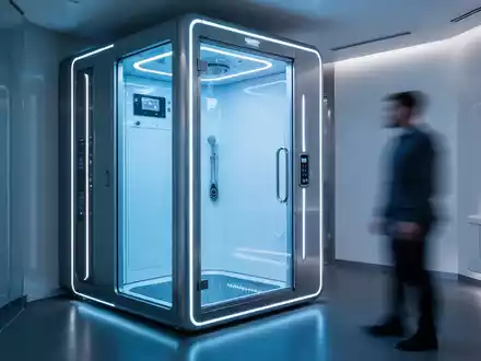 Eine moderne Kryokammer leuchtet in einem Wellnessbereich, während eine verschwommene Person in der Nähe steht. - Foto: über boerse-global.de