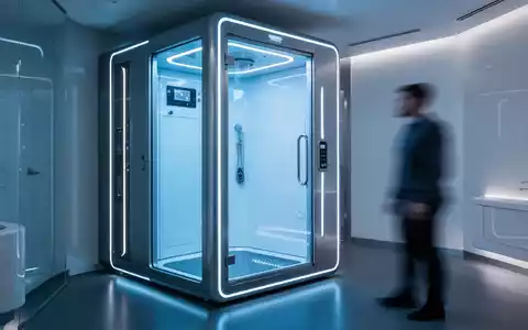 Eine moderne Kryokammer leuchtet in einem Wellnessbereich, während eine verschwommene Person in der Nähe steht. - Foto: über boerse-global.de