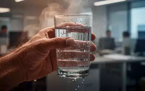 Eine schwitzende Hand hält ein Glas Wasser, im Hintergrund verschwommen ein Büro. Symbolisiert Hitze am Arbeitsplatz und die Notwendigkeit der Flüssigkeitszufuhr. - Foto: über boerse-global.de