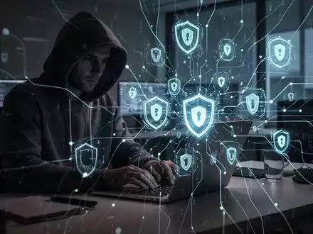 Eine Person im Kapuzenpulli tippt auf einem Laptop in einem dunklen Büro, umgeben von digitalen Sicherheitssymbolen und Datenlinien. - Foto: über boerse-global.de