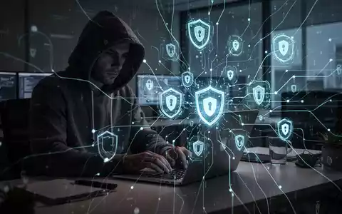 Eine Person im Kapuzenpulli tippt auf einem Laptop in einem dunklen Büro, umgeben von digitalen Sicherheitssymbolen und Datenlinien. - Foto: über boerse-global.de