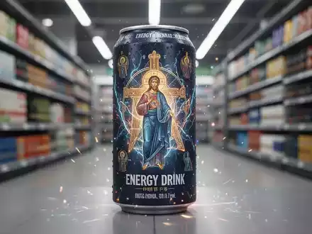 Eine Energy-Drink-Dose mit religiöser Symbolik in einem Supermarktregal, die Marketingstrategien mit religiösem Bezug illustriert. - Foto: über boerse-global.de