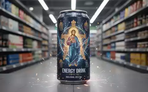 Eine Energy-Drink-Dose mit religiöser Symbolik in einem Supermarktregal, die Marketingstrategien mit religiösem Bezug illustriert. - Foto: über boerse-global.de
