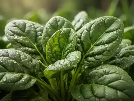 Nahaufnahme von frischen, taufrischen Spinatblättern, die Vitalität und natürliche Gesundheit symbolisieren. - Foto: über boerse-global.de
