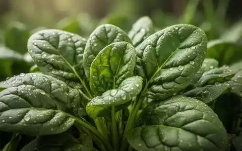 Nahaufnahme von frischen, taufrischen Spinatblättern, die Vitalität und natürliche Gesundheit symbolisieren. - Foto: über boerse-global.de