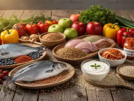Eine stilvolle Anordnung gesunder Lebensmittel auf einem Holztisch, darunter Proteine, Gemüse, Obst und fermentierte Produkte. - Foto: über boerse-global.de