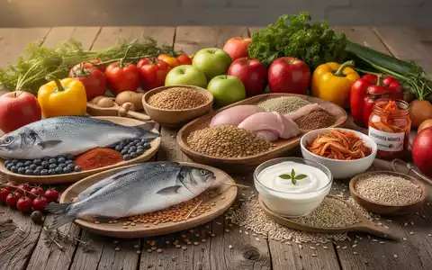 Eine stilvolle Anordnung gesunder Lebensmittel auf einem Holztisch, darunter Proteine, Gemüse, Obst und fermentierte Produkte. - Foto: über boerse-global.de