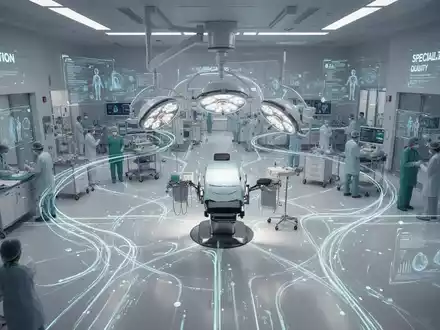 Abstrakte Darstellung eines Netzwerks von Krankenhäusern, das Spezialisierung und Datenfluss im Gesundheitswesen symbolisiert. - Foto: über boerse-global.de