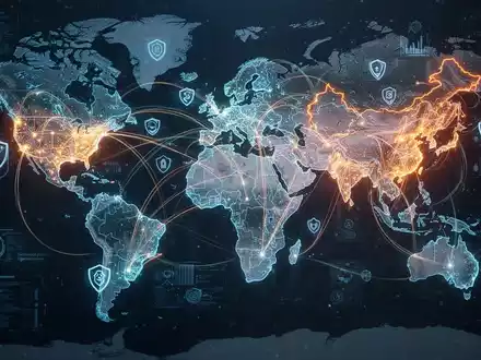Leuchtende digitale Weltkarte mit Verbindungslinien zwischen Ländern, Symbol für globale KI-Regulierung, Datenfluss und Kluft in der KI-Infrastruktur. - Foto: über boerse-global.de