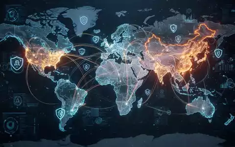Leuchtende digitale Weltkarte mit Verbindungslinien zwischen Ländern, Symbol für globale KI-Regulierung, Datenfluss und Kluft in der KI-Infrastruktur. - Foto: über boerse-global.de