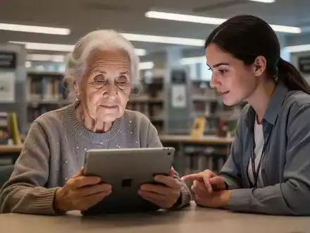 Ältere Frau nutzt Tablet mit Hilfe einer jüngeren Person in einer Bibliothek, Symbol für digitale Bildung für Senioren. - Foto: über boerse-global.de