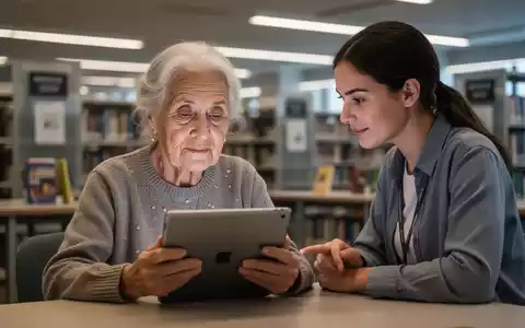 Ältere Frau nutzt Tablet mit Hilfe einer jüngeren Person in einer Bibliothek, Symbol für digitale Bildung für Senioren. - Foto: über boerse-global.de