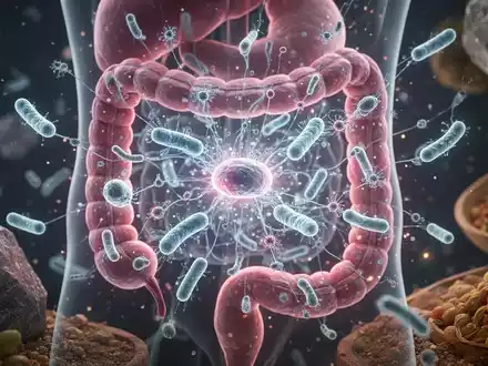 Abstrakte Darstellung des Darmmikrobioms mit leuchtenden Mikroorganismen, Mineralstrukturen und fermentierten Lebensmitteln, die Gesundheit symbolisieren. - Foto: über boerse-global.de