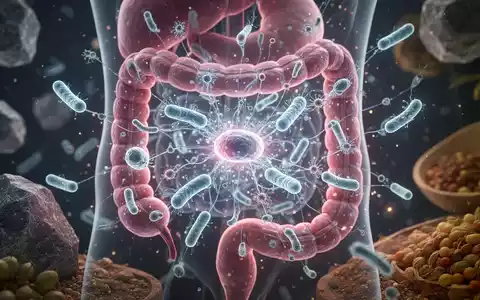 Abstrakte Darstellung des Darmmikrobioms mit leuchtenden Mikroorganismen, Mineralstrukturen und fermentierten Lebensmitteln, die Gesundheit symbolisieren. - Foto: über boerse-global.de