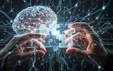 Nahaufnahme einer Hand, die mit einem holografischen Puzzle interagiert, das einem leuchtenden Gehirn ähnelt, umgeben von digitalen Schaltkreisen. - Foto: über boerse-global.de