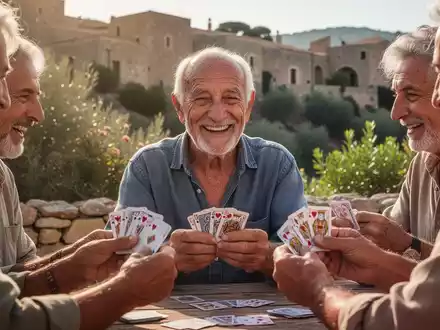 Ein lächelnder älterer sardischer Mann spielt mit Freunden Karten im Freien, im Hintergrund alte Gebäude und mediterrane Pflanzen. - Foto: über boerse-global.de