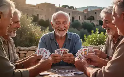 Ein lächelnder älterer sardischer Mann spielt mit Freunden Karten im Freien, im Hintergrund alte Gebäude und mediterrane Pflanzen. - Foto: über boerse-global.de