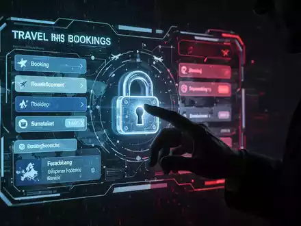Schattenhafte Hand interagiert mit holografischer Oberfläche, die Reisebuchungsdetails und ein Sicherheitsschloss zeigt, symbolisiert KI-Phishing-Bedrohungen. - Foto: über boerse-global.de